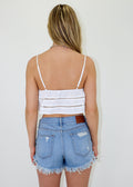 white plunge eyelet detail tie front cropped tank top adjustable spaghetti strap unlined eyelet striping detail festival look spring summer spring break outfit casual women's clothing