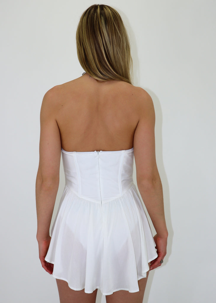 white front cut out corset bodice mini flare dress boned corset sleeveless spaghetti straps bodice style interior bodysuit lining with snap closure casual dress day out festival look concert spring break edgy women's clothing