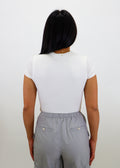 scoop neck bodysuit two button closure thong back white short sheer sleeves neutral basic going out business casual