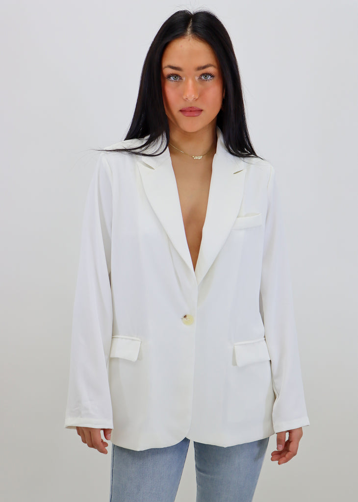 white flowy light weight blazer with one button closure business casual blazer