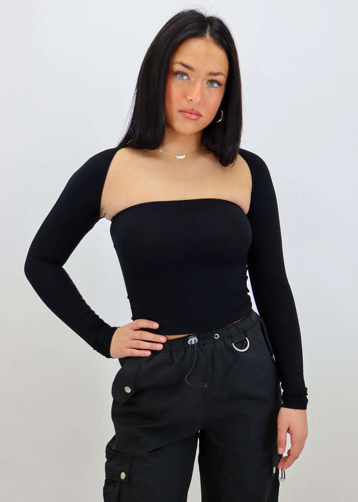  black ribbed cropped tube top with long sleeve bolero top set sold together neutral basic closet essential capsule wardrobe dress up casual going out women's clothing