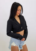 cropped blazer one button closure shirred detail on back outerwear night out long sleeve black neutral basics fall winter women's clothing