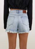 high rise mom style jean shorts distressed asymmetrical waistband summer shorts