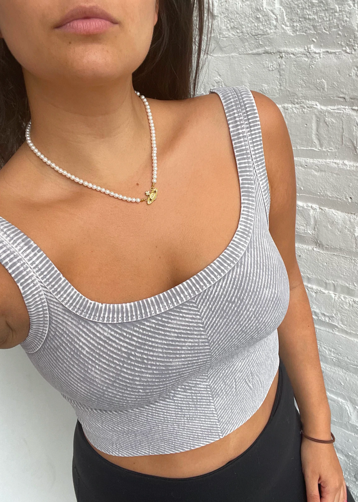 spill the tea vintage grey seamless chevron ribbed scoop neck stretchy crop tank top - Rock N Rags