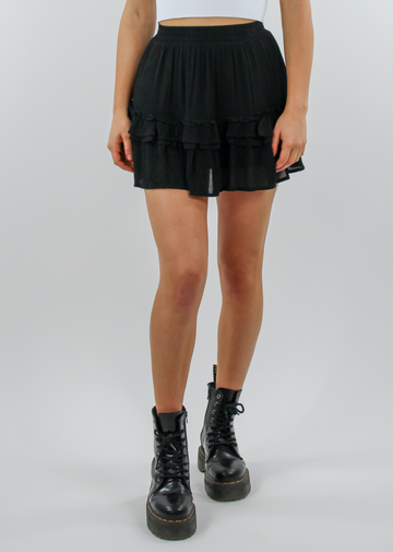 Black Smocked Waist Flowy Tiered Preppy Mini Skirt Lined High Waisted Cute Girly Skirt- Rock N Rags