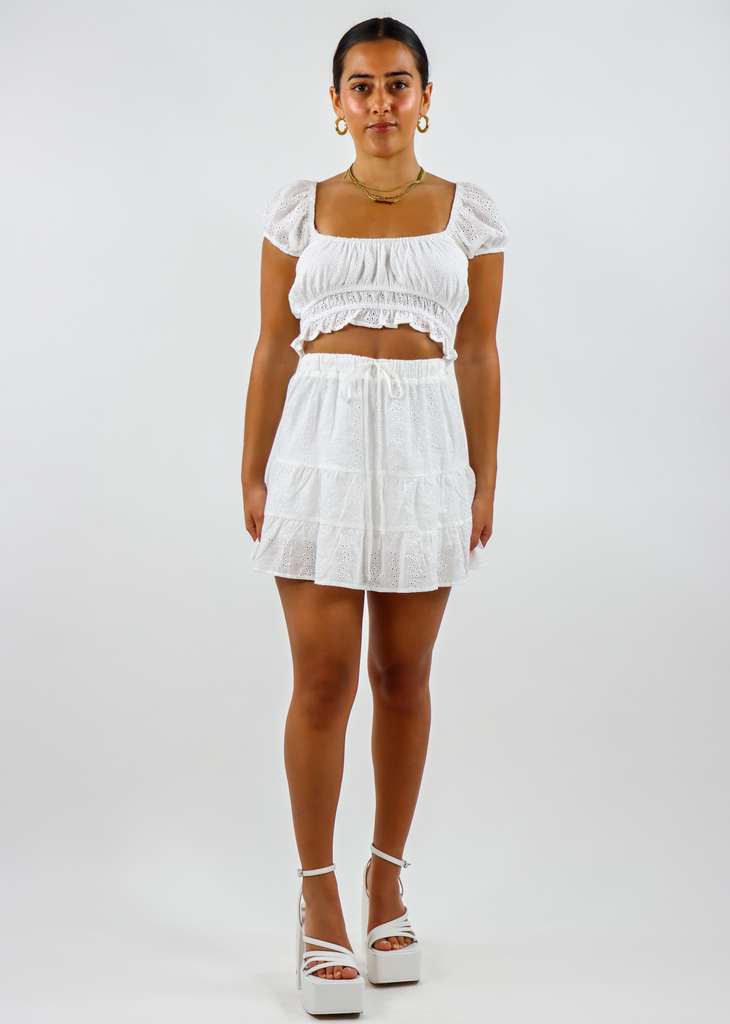 white eyelet lace tiered ruffled tie front mini skirt matching set - Rock N Rags