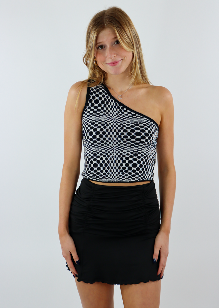Motel Rocks Black And White Funky Print One Shoulder Crop Tank Top Matching Set Optical Illusions Top - Rock N Rags