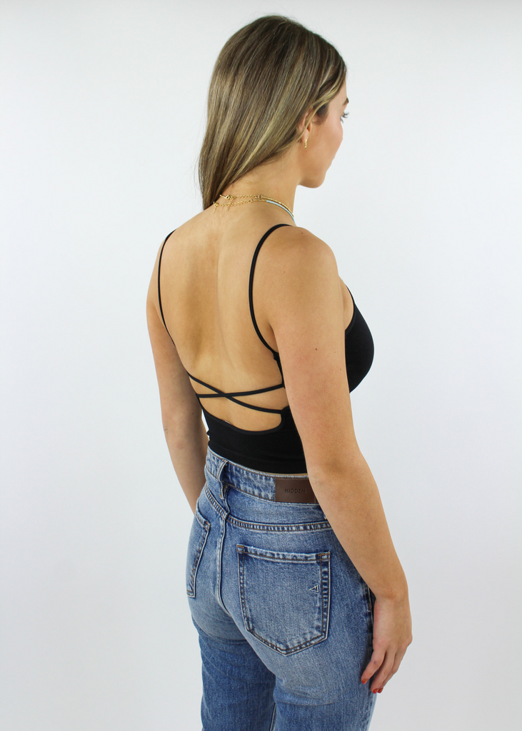 black scoop neck cropped spaghetti strap criss cross strappy back detail open back comfortable tank top bra top activewear - Rock N Rags