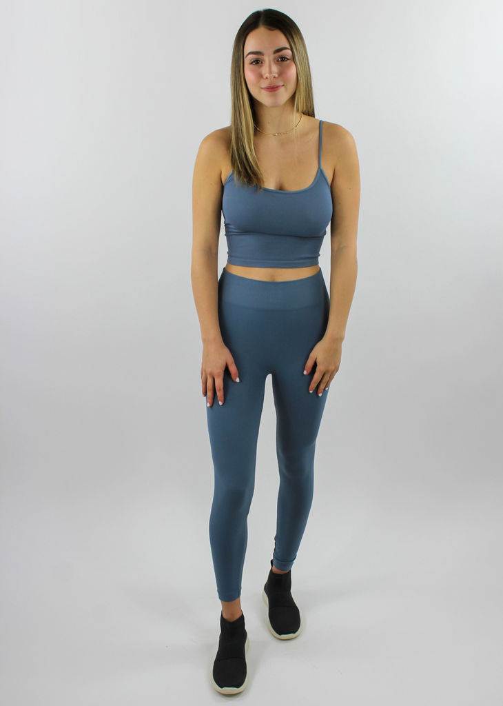 blue, scoop neck, cropped, spaghetti strap, criss cross strappy back detail, open back, comfortable, tank top, bra top, activewear, seamless-Rock N Rags