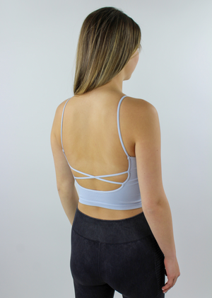 baby blue scoop neck cropped spaghetti strap criss cross strappy back detail open back comfortable tank top bra top activewear - Rock N Rags