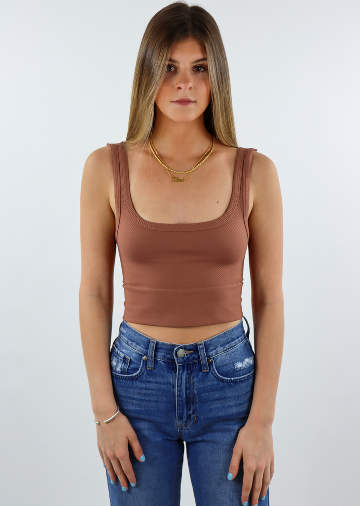 Mocha Light Brown Cognac seamless chevron ribbed scoop neck stretchy great support tank top work out tank top going out cropped tank top - Rock N Rags