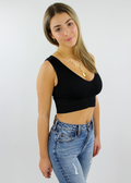 black, plunge, v-neck, ribbed, cropped, thick straps, tank top, bra top, activewear-Rock N Rags