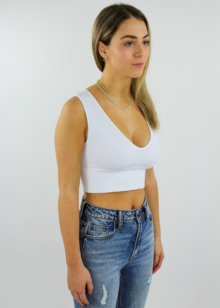 white plunge v neck ribbed crop tank top athleisure activewear - Rock N Rags