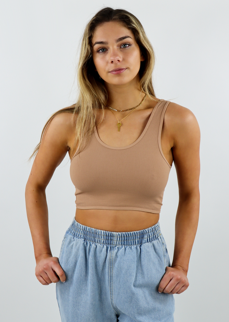 sand tan seamless ribbed low cut scoop neck stretchy twist front reversible crop tank top