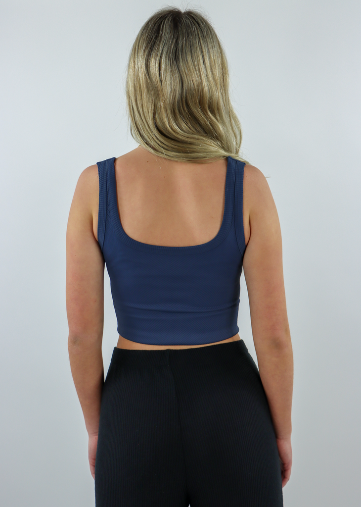 spill the tea navy blue seamless chevron ribbed scoop neck stretchy crop tank top - Rock N Rags