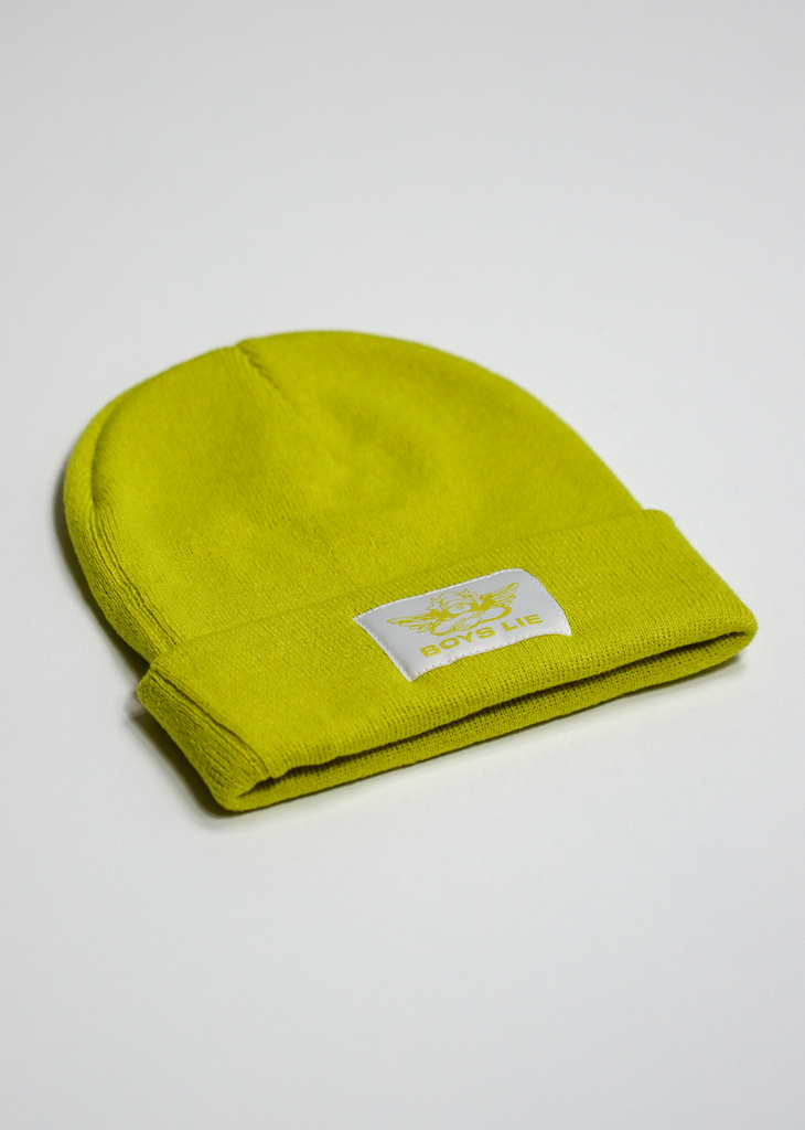 Boys Lie Yellow Green Ribbed Beanie With Angel Graphic Patch On Front V2 Beanie - Rock N Rags