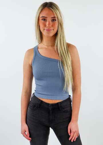 Women's blue stretchy ribbed one shoulder tank top.