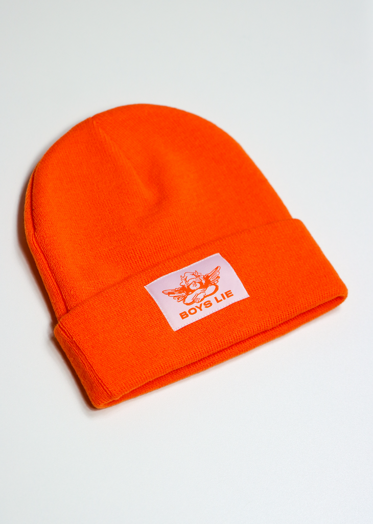Boys Lie Orange Ribbed Beanie With Angel Graphic Patch On Front V2 Beanie - Rock N Rags