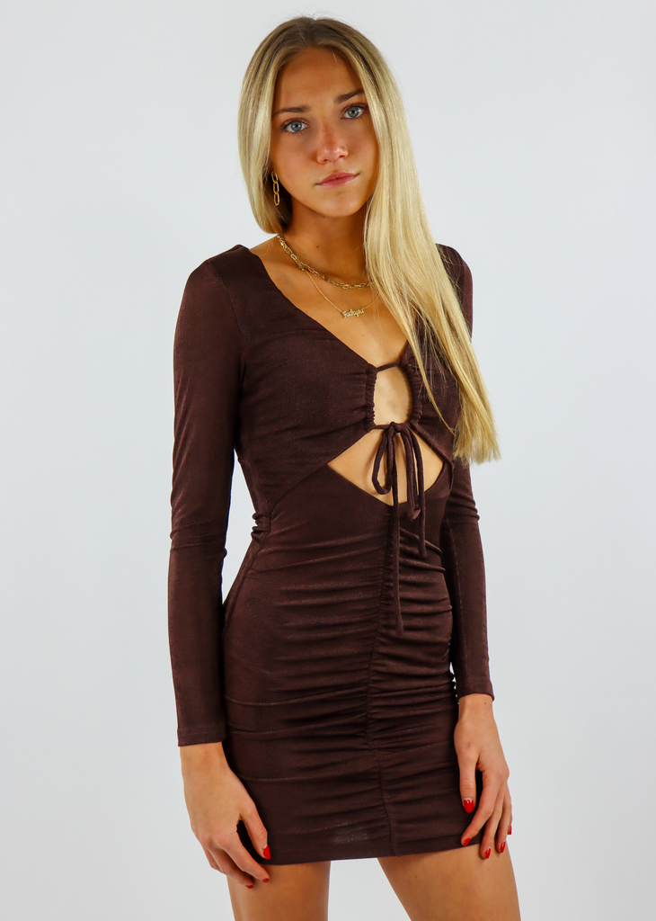 Brown Tie Front Ruched Keyhole Cutout Long Sleeve Mini Dress Way To Go Dress - Rock N Rags