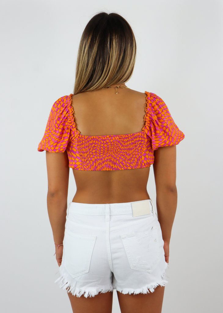 pink and orange checkered puff sleeve tie front crop top - Rock N Rags