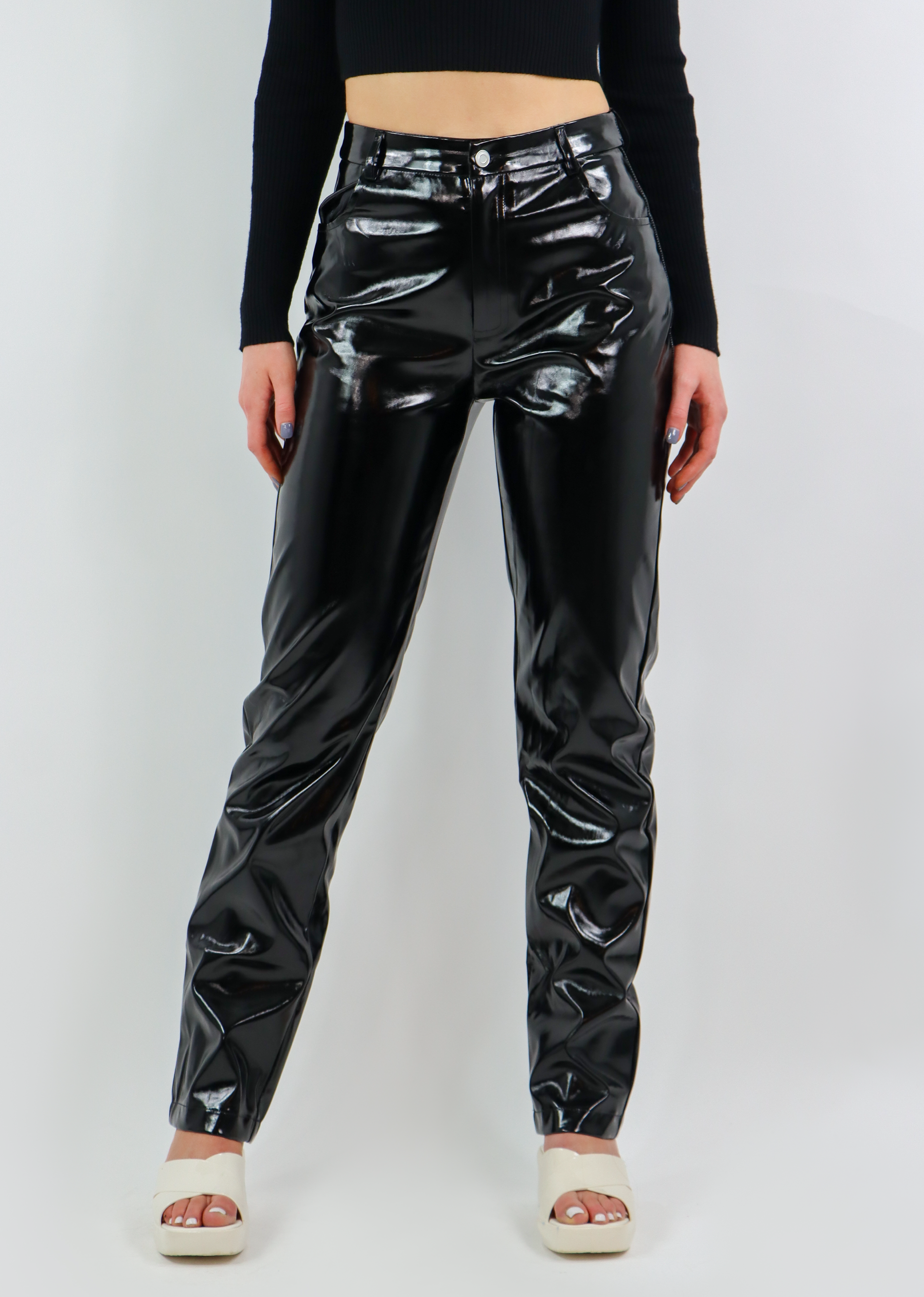 Black Front Slit Flare Leather Pants - Charm Boutique