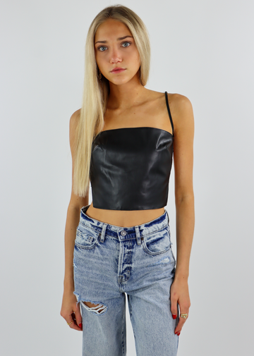 Black Leather Square Neck Crop Bandana Scarf Top With Open Strappy Back With Your Love Tube Top - Rock N Rags