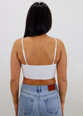 white crop top corset adjustable spaghetti straps front cutout going out top