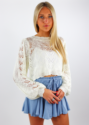 Ivory Knit Crochet Patterned Sweater with Balloon Sleeves with a Lacey feel 