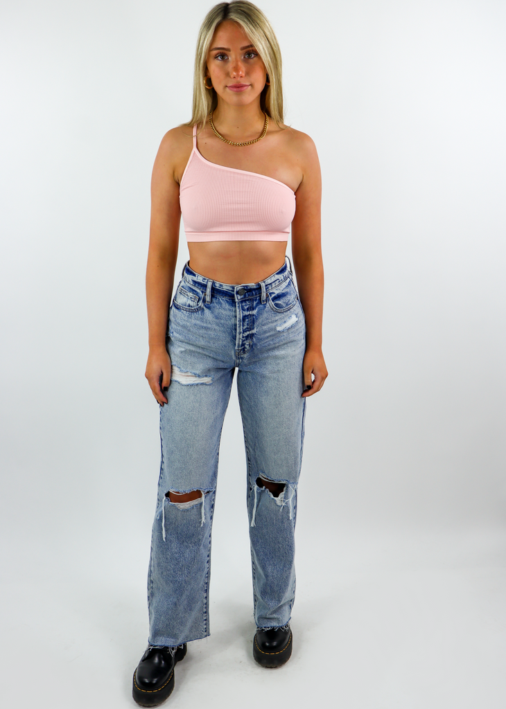 peach one shoulder spaghetti strap cropped ribbed seamless tank top