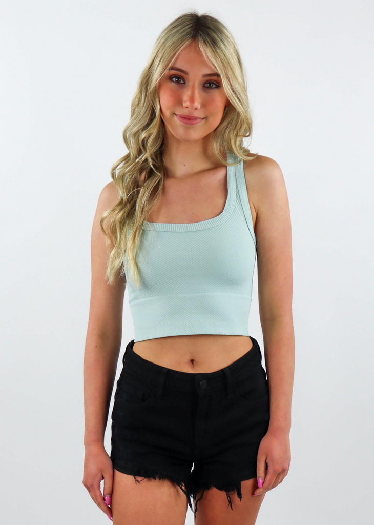 Aqua Light Blue seamless chevron ribbed scoop neck stretchy great support tank top work out tank top going out cropped tank top - Rock N Rags
