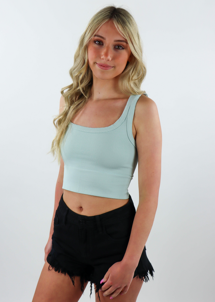 Aqua Light Blue seamless chevron ribbed scoop neck stretchy great support tank top work out tank top going out cropped tank top - Rock N Rags