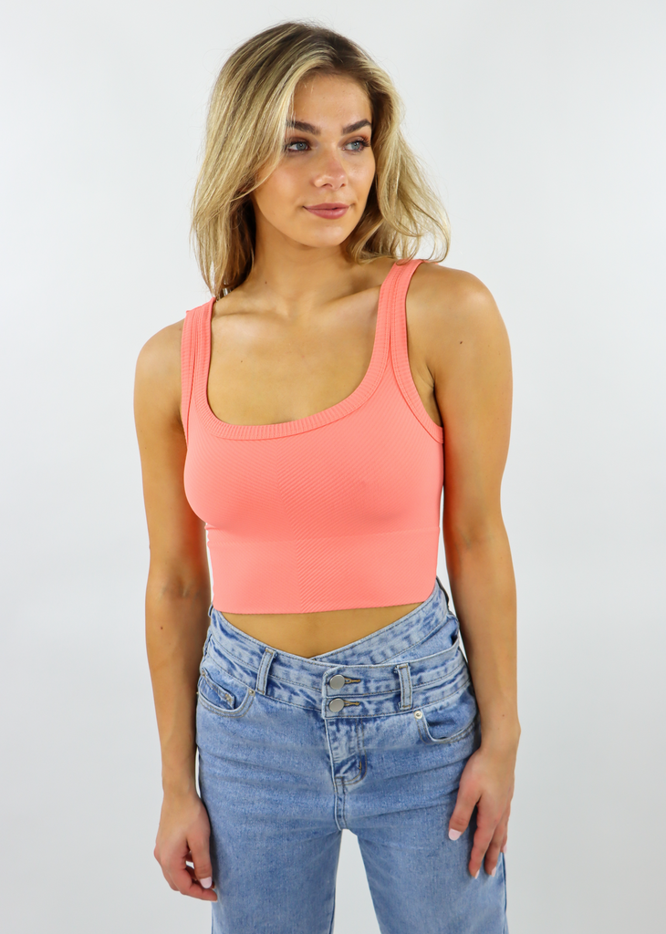 spill the tea coral seamless chevron ribbed scoop neck stretchy crop tank top