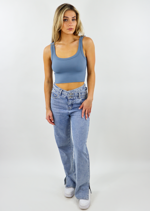 spill the tea dusty blue seamless chevron ribbed scoop neck stretchy crop tank top - Rock N Rags