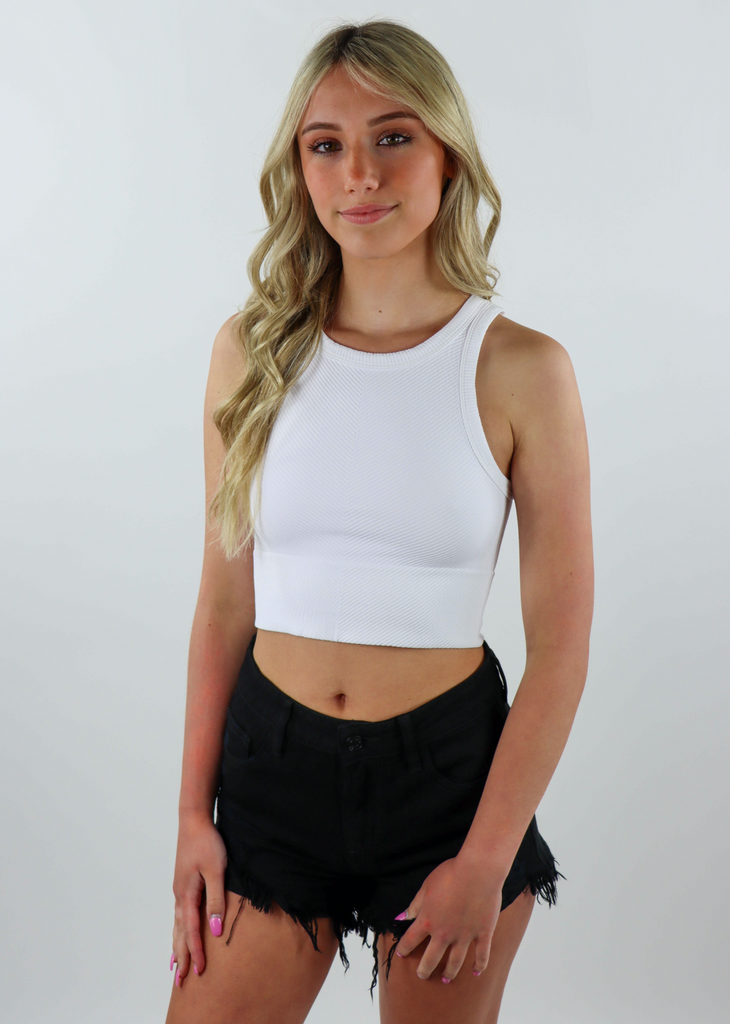 White seamless chevron ribbed high neck stretchy great support tank top work out tank top going out cropped tank top - Rock N Rags