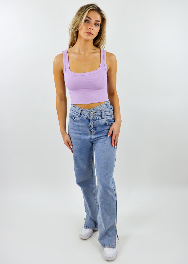 spill the tea lavender seamless chevron ribbed scoop neck stretchy crop tank top - Rock N Rags