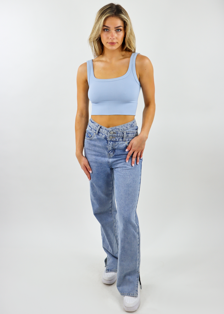 spill the tea powder blue seamless chevron ribbed scoop neck stretchy crop tank top - Rock N Rags