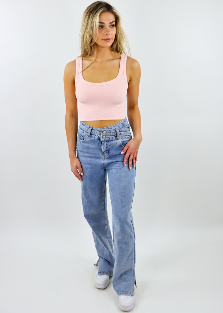 spill the tea light pink seamless chevron ribbed scoop neck stretchy crop tank top - Rock N Rags