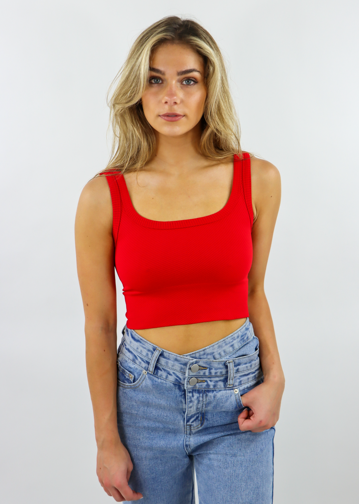 spill the tea red seamless chevron ribbed scoop neck stretchy crop tank top - Rock N Rags