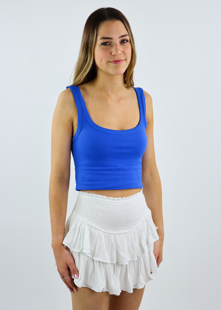 Cobalt Blue Best Selling Cropped Tank Top With Scoop Neck Subtle Chevron Texture Spill The Tea Tank - Rock N Rags