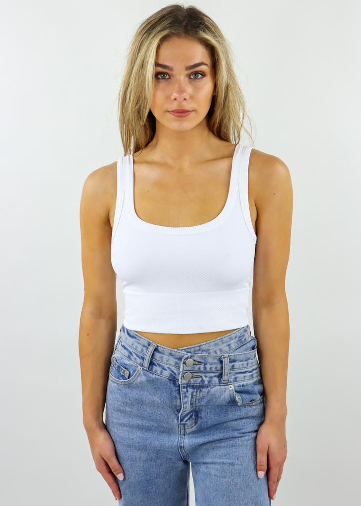 spill the tea white seamless chevron ribbed scoop neck stretchy crop tank top - Rock N Rags