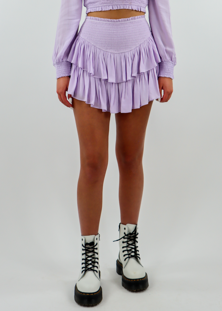 Lavender Light Purple Pastel Purple Fully Lined Two Tier Ruffled  Preppy Flowy Skirt with Smocked Waistband Stretchy and Built in Shorts Underneath - Rock N Rags
