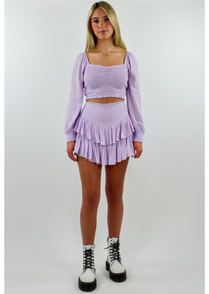 Lavender Light Purple Pastel Purple Fully Lined Two Tier Ruffled  Preppy Flowy Skirt with Smocked Waistband Stretchy and Built in Shorts Underneath - Rock N Rags