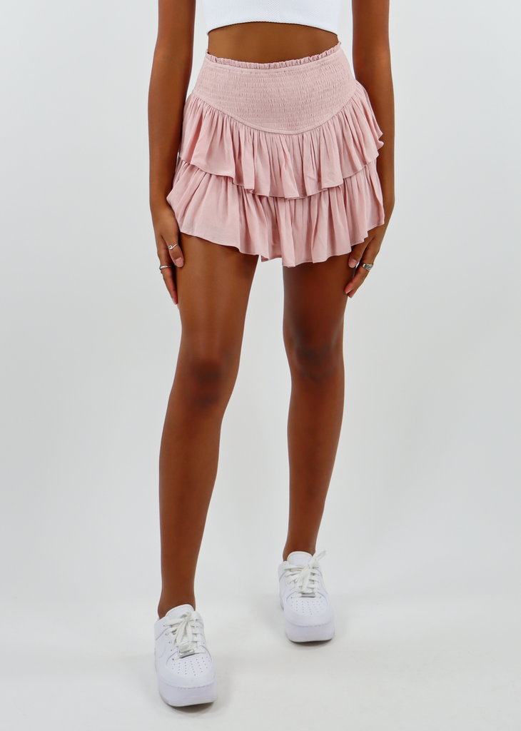 Dusty Rose Light Pink Blush Fully Lined Two Tier Ruffled  Preppy Flowy Skirt with Smocked Waistband Stretchy and Built in Shorts Underneath - Rock N Rags