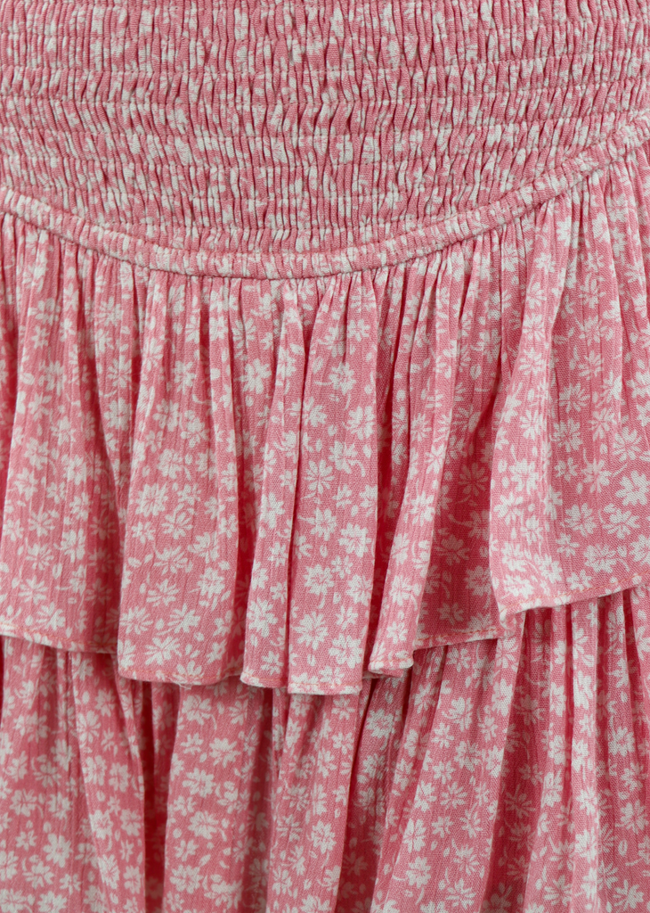 Pink Light Pink Floral Pastel Pink Fully Lined Two Tier Ruffled  Preppy Flowy Skirt with Smocked Waistband Stretchy and Built in Shorts Underneath - Rock N Rags
