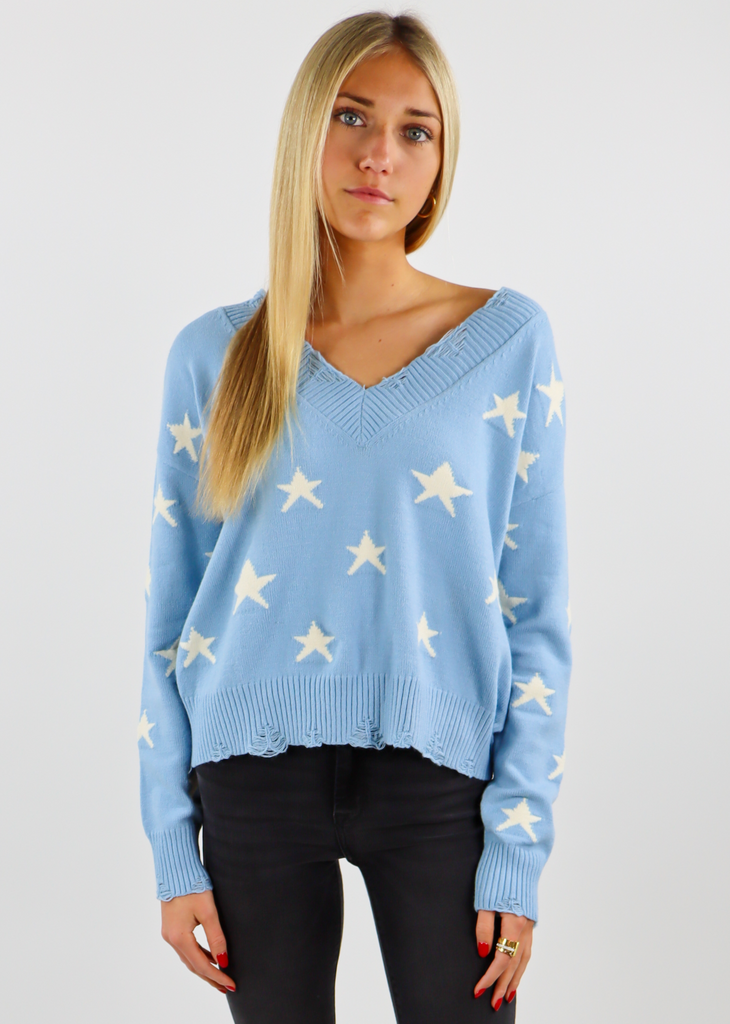 Light Blue Baby Blue Distressed Hem and sleeved Knit Cropped Comfy Light Everyday Sweater with White Stars 