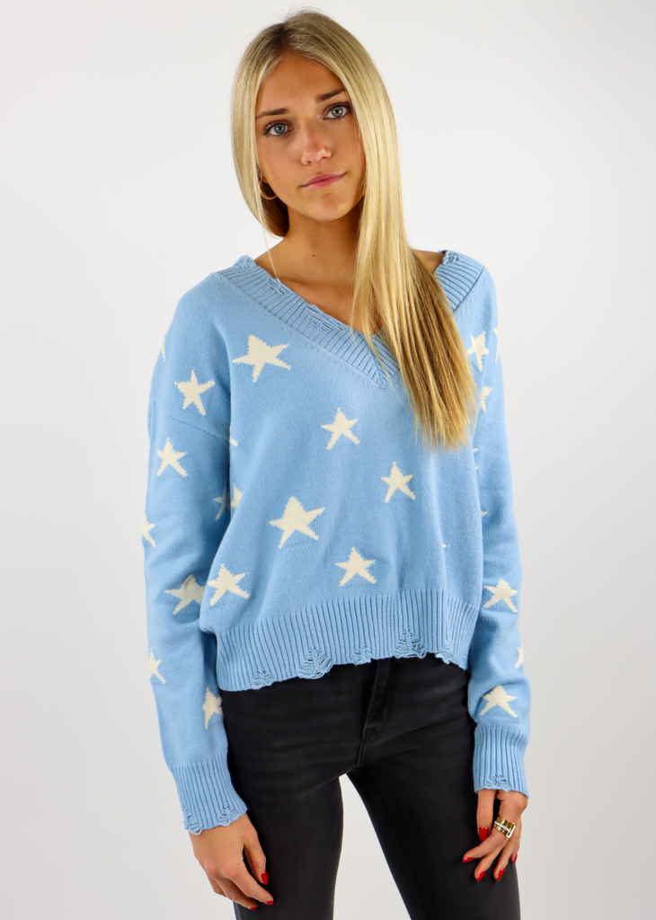 Light Blue Baby Blue Distressed Hem and sleeved Knit Cropped Comfy Light Everyday Sweater with White Stars 