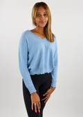 light blue, distressed, knit, cropped, comfy, light, everyday, sweater, long sleeve, ribbed, v-neck-Rock N Rags