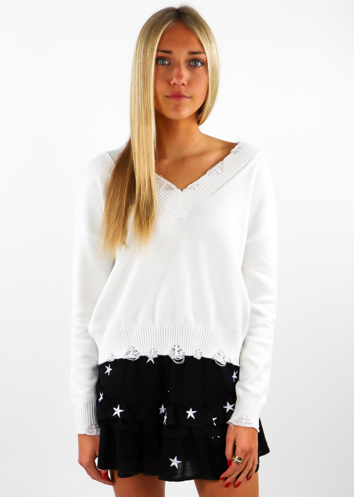 white Distressed Hem and sleeved Knit Cropped Comfy Light Everyday Sweater