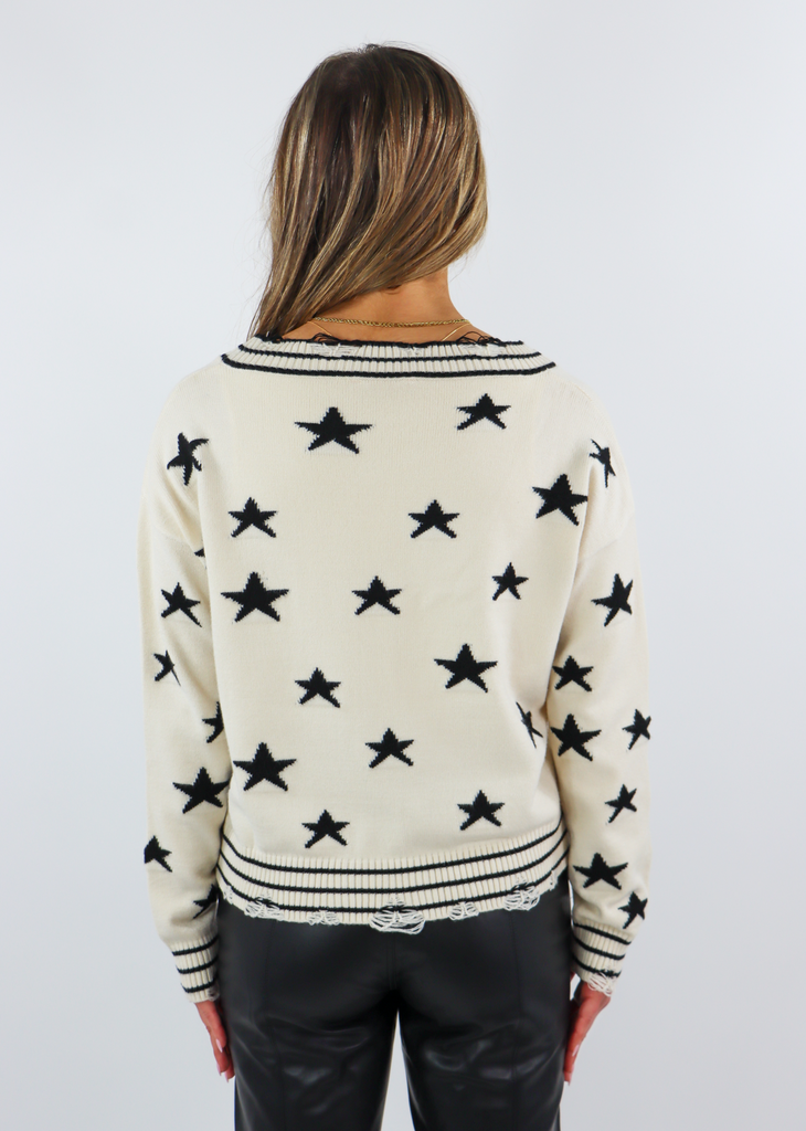 Cream Distressed Striped Black Star Print V Neck Sweater Sweet Life Sweater With Stars  - Rock N Rags