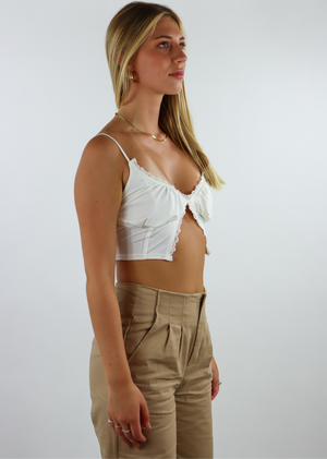 White Lace Trim Crop Top With Slit In Middle and Adjustable Straps 